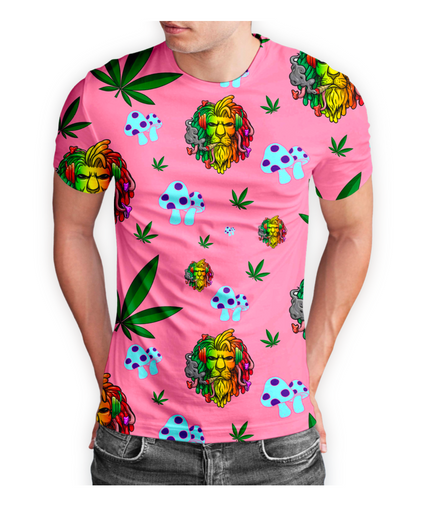 Rasta Lion Cannabis Leaf Pink Short Sleeve T-Shirt Pack of 5 Units 1-M, 1-L, 1-XL, 1-XXL, 1-XXXL -- 100% Polyester