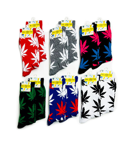 OG TREND Cannabis Leaf Print Socks in Assorted Colors - One Pack Comes with 12 Pairs  Fits All, 70% Cotton, 25% Spandex, 5% Elastic"