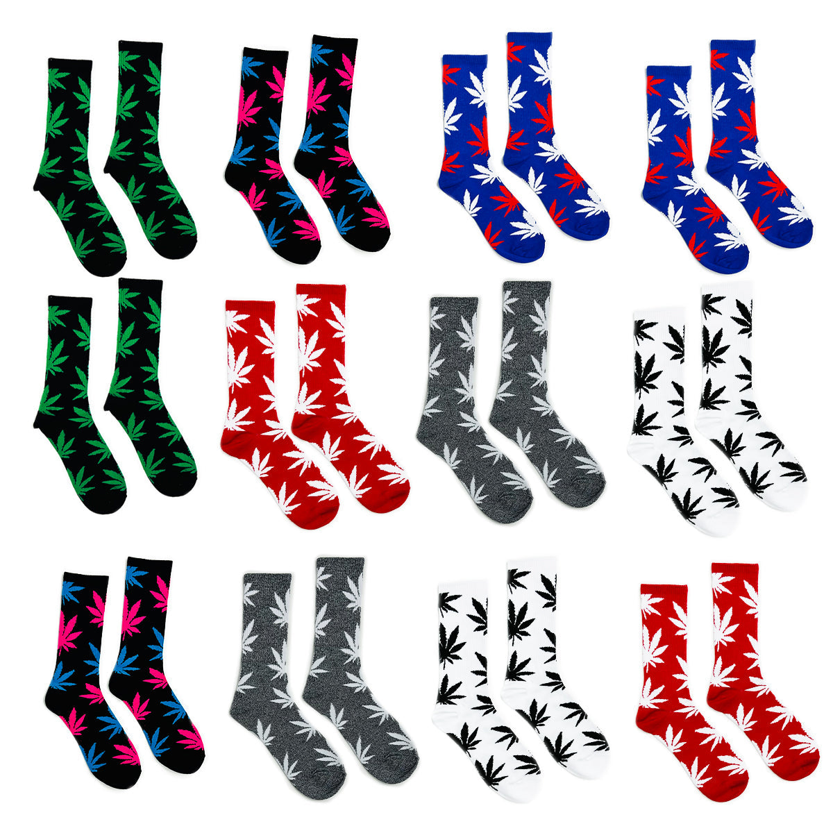 OG TREND Cannabis Leaf Print Socks in Assorted Colors - One Pack Comes with 12 Pairs  Fits All, 70% Cotton, 25% Spandex, 5% Elastic