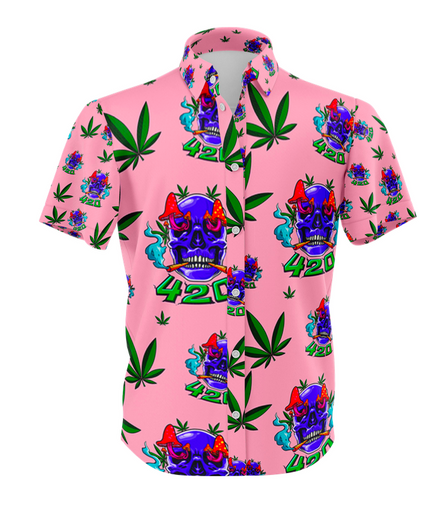 420 Skull Leaf Pink Shirt 100% Polyester, Pack of 5 Sizes Sets, 1-M, 1-L, 1-XL, 1-XXL, 1-XXXL