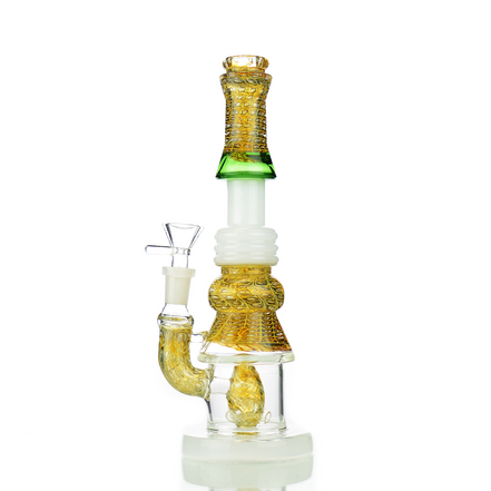 10" Water Pipe Bubble Trap Art with M9 Perc and 14mm Male Bowl - Gold Fume Glass