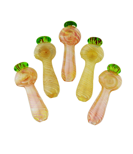 4.5" Hand Pipe Spoon Silver Fumes Glass Swirling Art with Green Locket