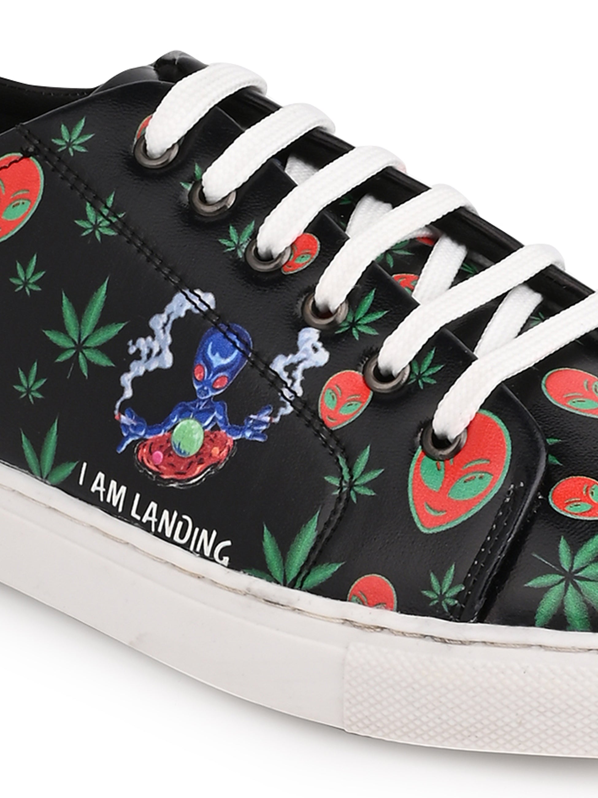 I am Landing Weed Design Deep Black Shoe - Printed Synthetic Vegan Leather
