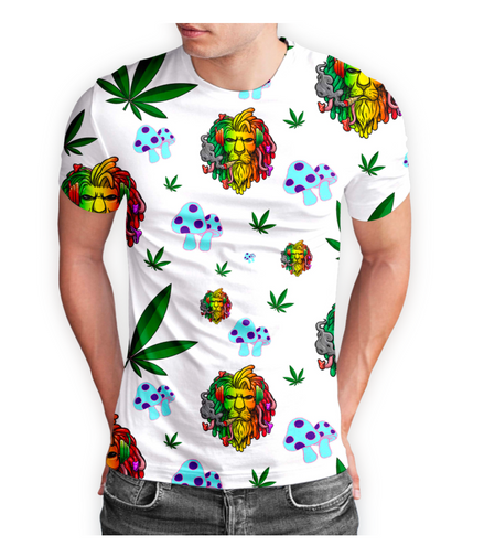 Rasta Lion Cannabis Leaf White Short Sleeve T-Shirt Pack of 5 Units 1-M, 1-L, 1-XL, 1-XXL, 1-XXXL -- 100% Polyesterf