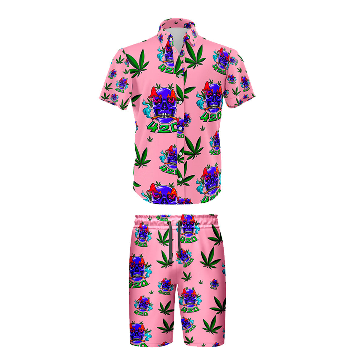 420 Skull Leaf Pink Shirt and Short Set, Pack of 5 Sizes Sets, 1-M, 1-L, 1-XL, 1-XXL, 1-XXXL
