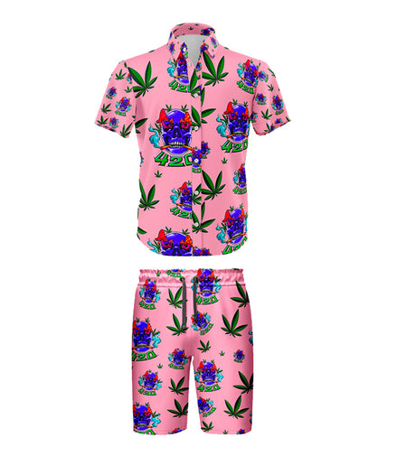 420 Skull Leaf Pink Shirt and Short Set, Pack of 5 Sizes Sets, 1-M, 1-L, 1-XL, 1-XXL, 1-XXXL