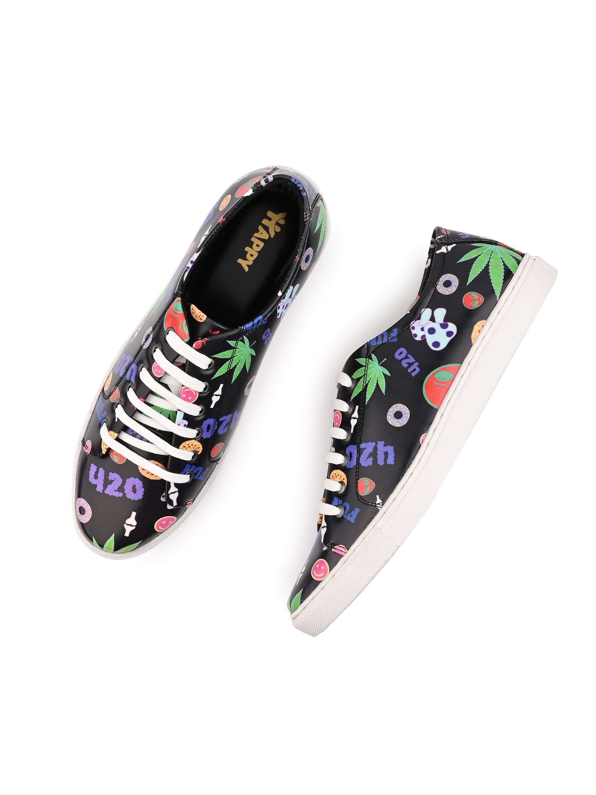 420 Mushroom Weed Design Deep Black Shoe - Printed Synthetic Vegan Leather