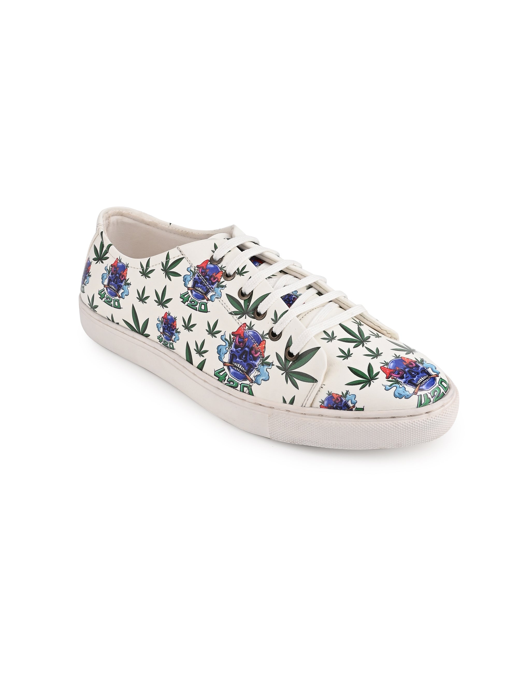Skull 420 Weed Design Snow White Shoe - Printed Synthetic Vegan Leather