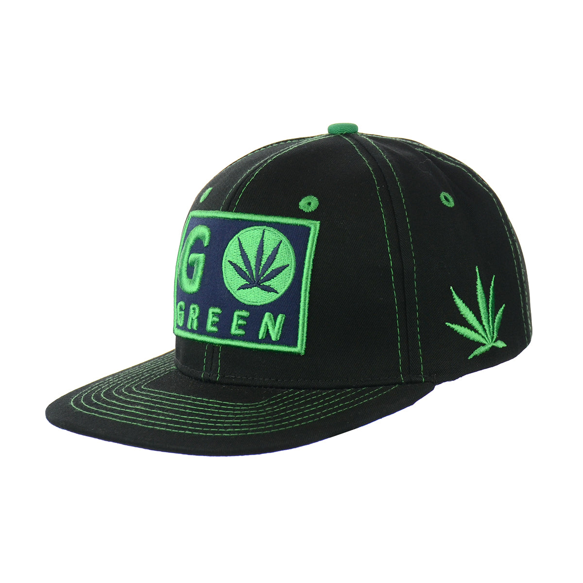 Go Green Leaf Embroidered Snapback Hat 100% Cotton