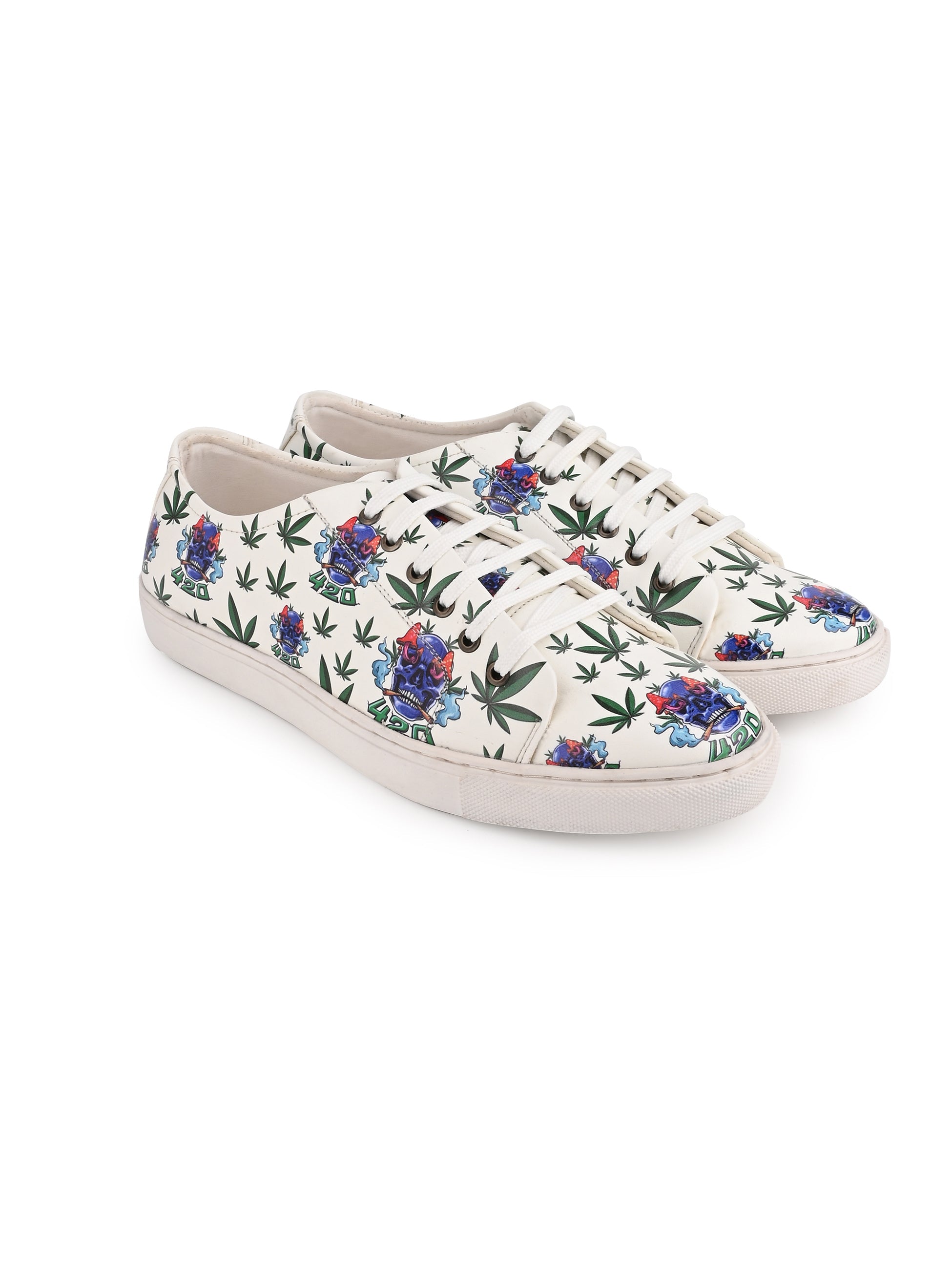 Skull 420 Weed Design Snow White Shoe - Printed Synthetic Vegan Leather