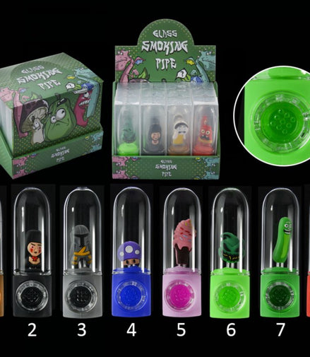 4" Character Silicone and Glass Hand Pipe/ Display of 12 Assorted Designs