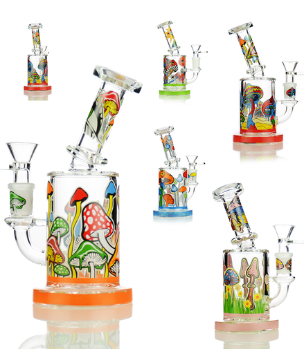 6" Water Pipe with Mushroom Stickers 14mm Male with 5mm Glass