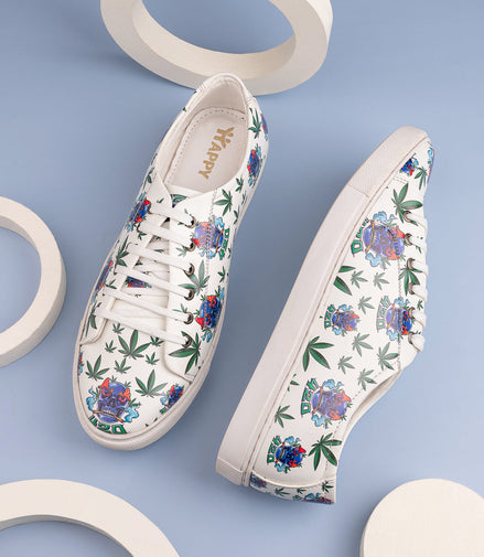 Skull 420 Weed Design Snow White Shoe - Printed Synthetic Vegan Leather