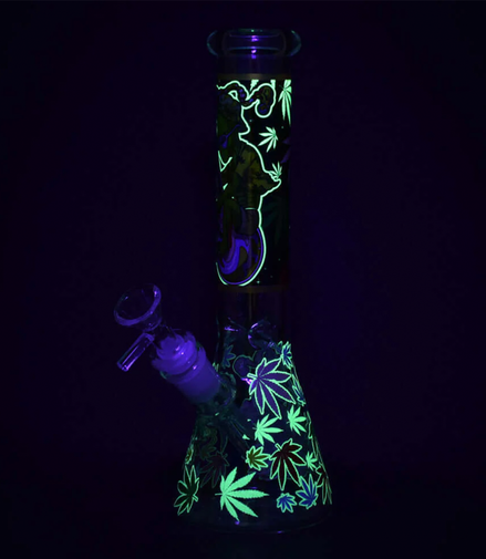 10" Hemp Leaves Alien Glow In The Dark with 14mm Male Bowl