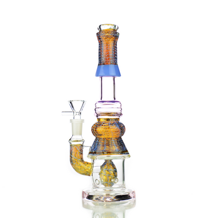 10" Water Pipe Bubble Trap Art with M9 Perc and 14mm Male Bowl - Gold Fume Glass