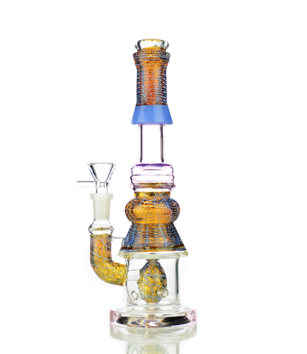 10" Water Pipe Bubble Trap Art with M9 Perc and 14mm Male Bowl - Gold Fume Glass