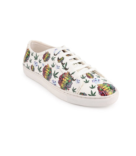 Lion Smoking Weed Design Snow White Shoe - Printed Synthetic Vegan Leather