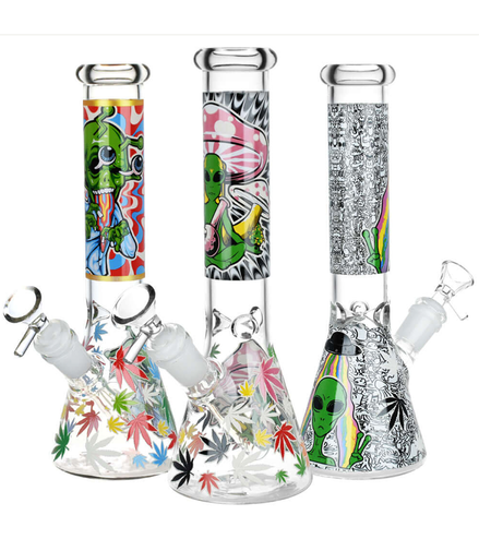 10" Hemp Leaves Alien Glow In The Dark with 14mm Male Bowl