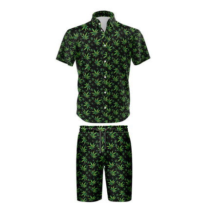 Cannabis Leaf Black Shirt and Short Set, Pack of 5 Sizes Sets, 1-M, 1-L, 1-XL, 1-XXL, 1-XXXL