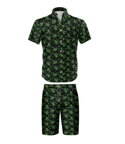 Cannabis Leaf Black Shirt and Short Set, Pack of 5 Sizes Sets, 1-M, 1-L, 1-XL, 1-XXL, 1-XXXL