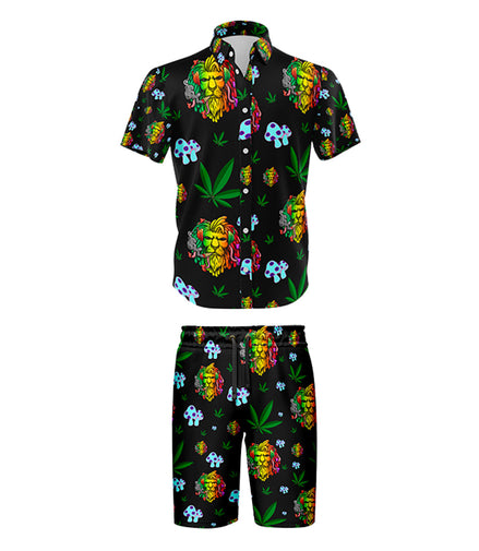 Lion Smoking Leaf Black Shirt and Short Set, Pack of 5 Sizes Sets, 1-M, 1-L, 1-XL, 1-XXL, 1-XXXL