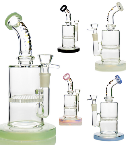 8" Water Pipe Honeycomb Shower with 14mm Male Bowl Happy Fumes Glass
