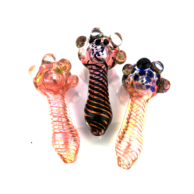 5" Gold Fume Hand Pipe With Swirling Art and Flower Head Design 200G