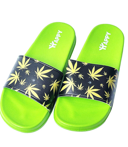 Green Weed Leaf Print Slide Sandals - Pack of 4 Sizes - 7, 9, 11, 12