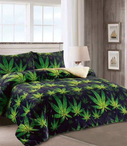 King Supper Soft 3 pcs Printing Borrego Blanket Cannabis Print - Blanket with 2 Pillow Covers