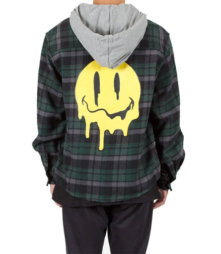 5 Pieces Pack of Green/Black - Drippy Smiley Flannel Shirt Hoodie 1S-1M-2L-1XL