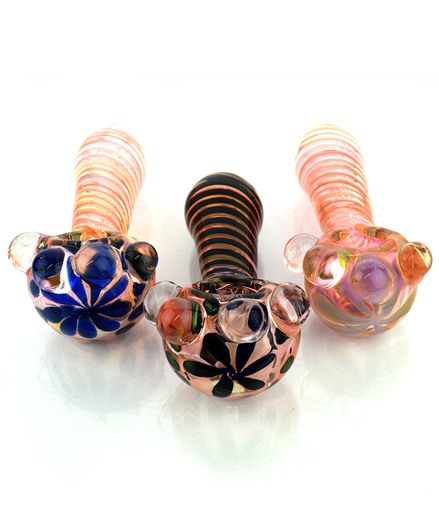 5" Gold Fume Hand Pipe With Swirling Art and Flower Head Design 200G