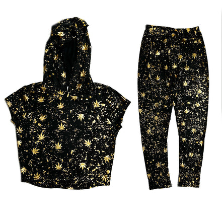 Woman Crop Top Hoodie Set with Golden Weed Leaf Pack 6 Unites - 2S, 2M, 2L