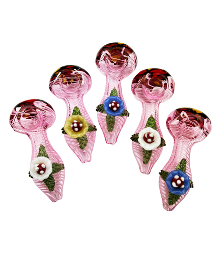 4.5" Flower Hand Pipe Spoon Pink Tube Glass with Swirling Art and Flower Design Head