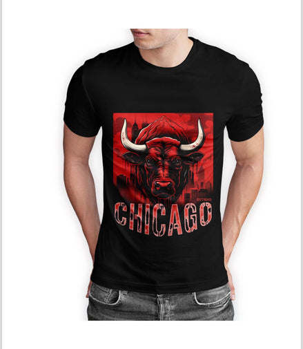 Chicago Half Sleeve Black T-shirt Printed - 93% Cotton 7% Elastic