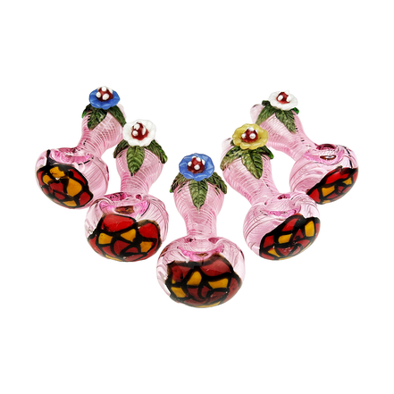4.5" Flower Hand Pipe Spoon Pink Tube Glass with Swirling Art and Flower Design Head