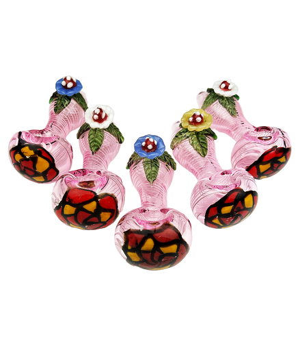4.5" Flower Hand Pipe Spoon Pink Tube Glass with Swirling Art and Flower Design Head